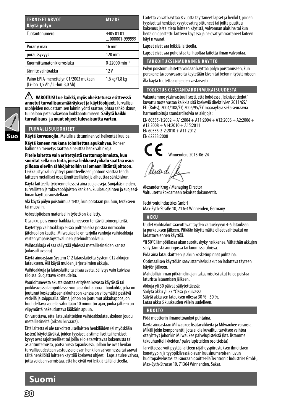 Suomi | Milwaukee M12 D E User Manual | Page 36 / 72