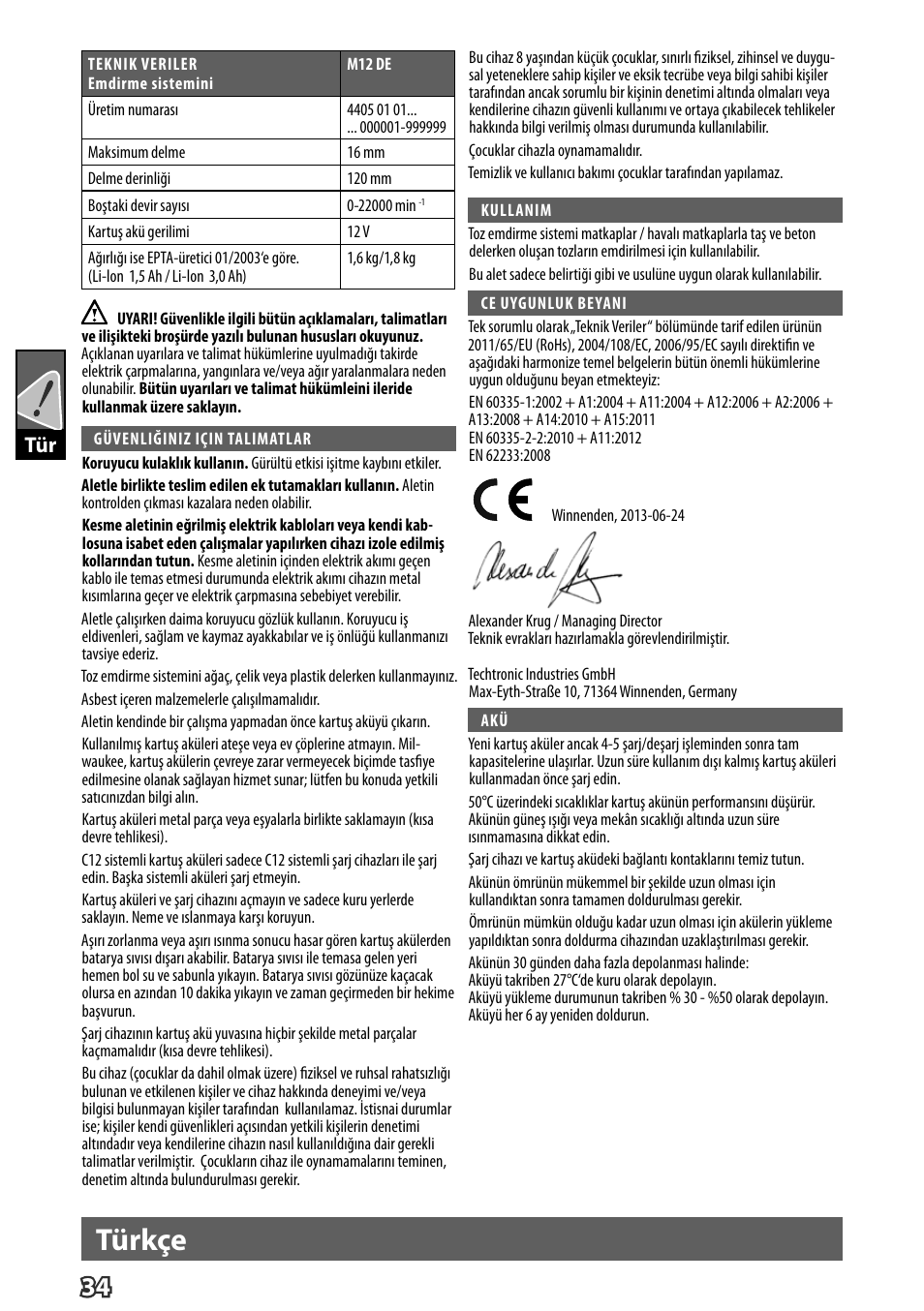 Türkçe | Milwaukee M12 D E User Manual | Page 40 / 72