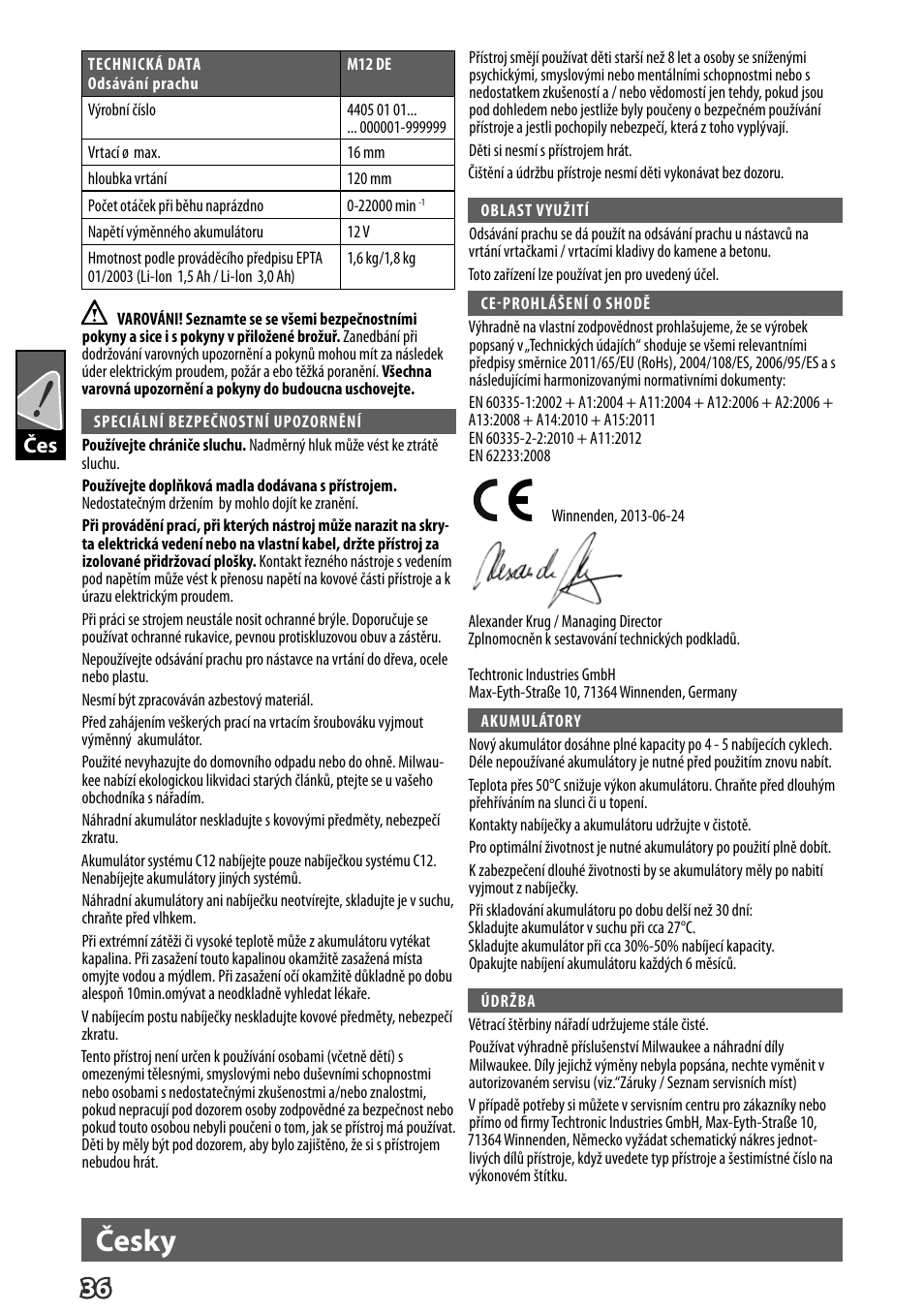 Česky | Milwaukee M12 D E User Manual | Page 42 / 72