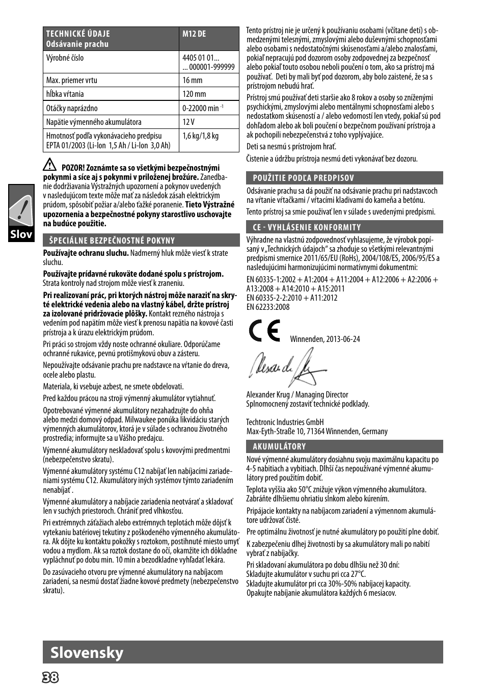 Slovensky, Slov | Milwaukee M12 D E User Manual | Page 44 / 72