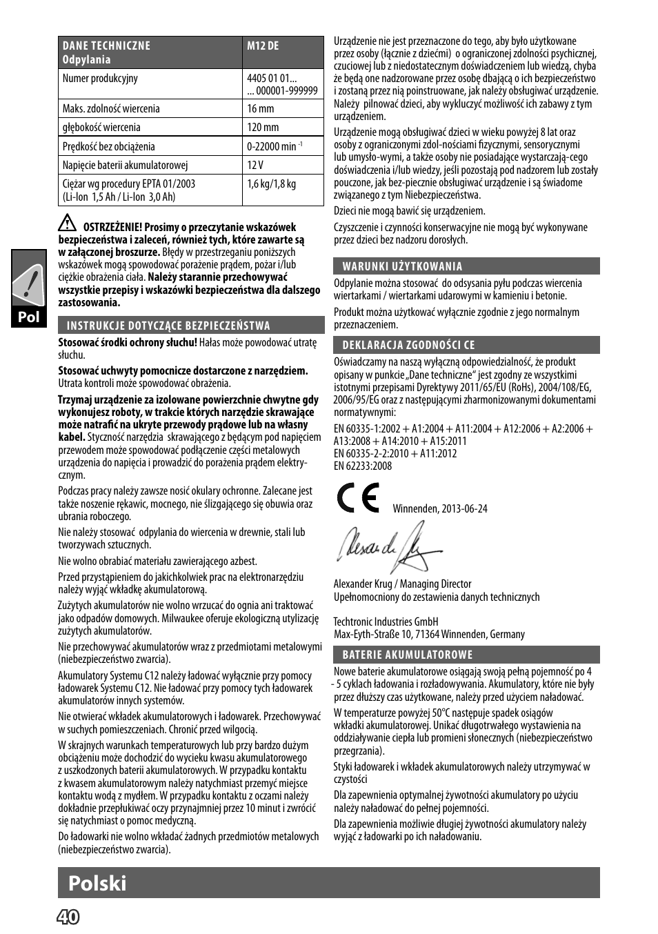 Polski | Milwaukee M12 D E User Manual | Page 46 / 72