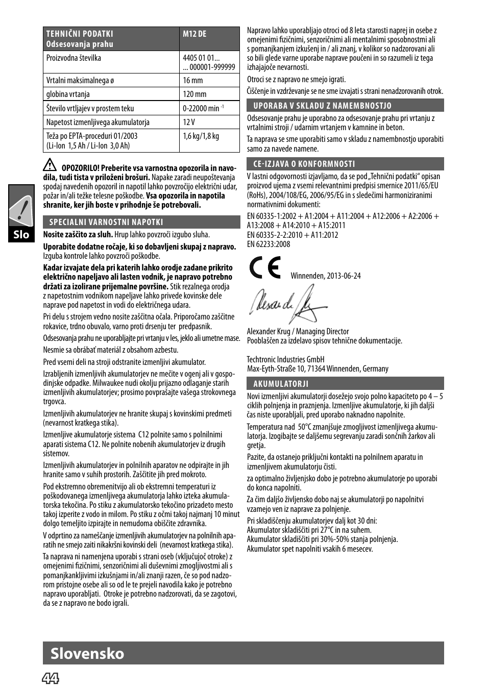 Slovensko | Milwaukee M12 D E User Manual | Page 50 / 72