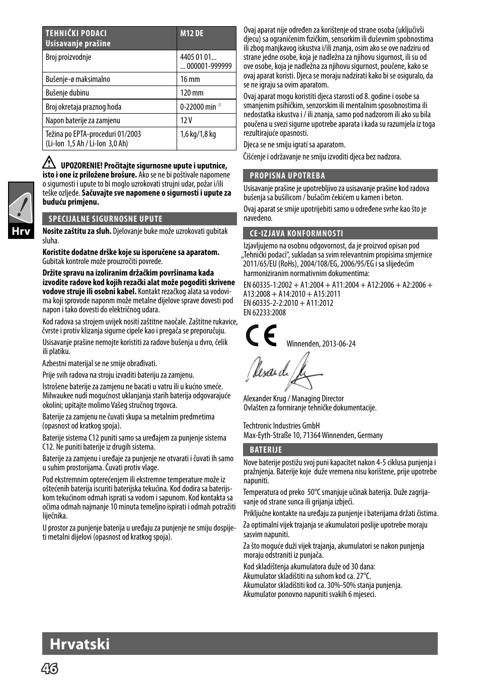 Hrvatski | Milwaukee M12 D E User Manual | Page 52 / 72