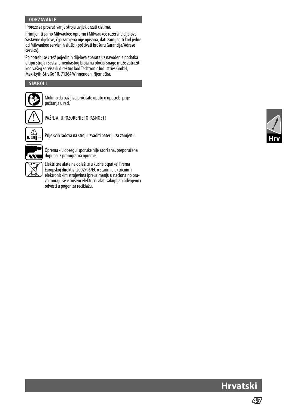 Hrvatski | Milwaukee M12 D E User Manual | Page 53 / 72