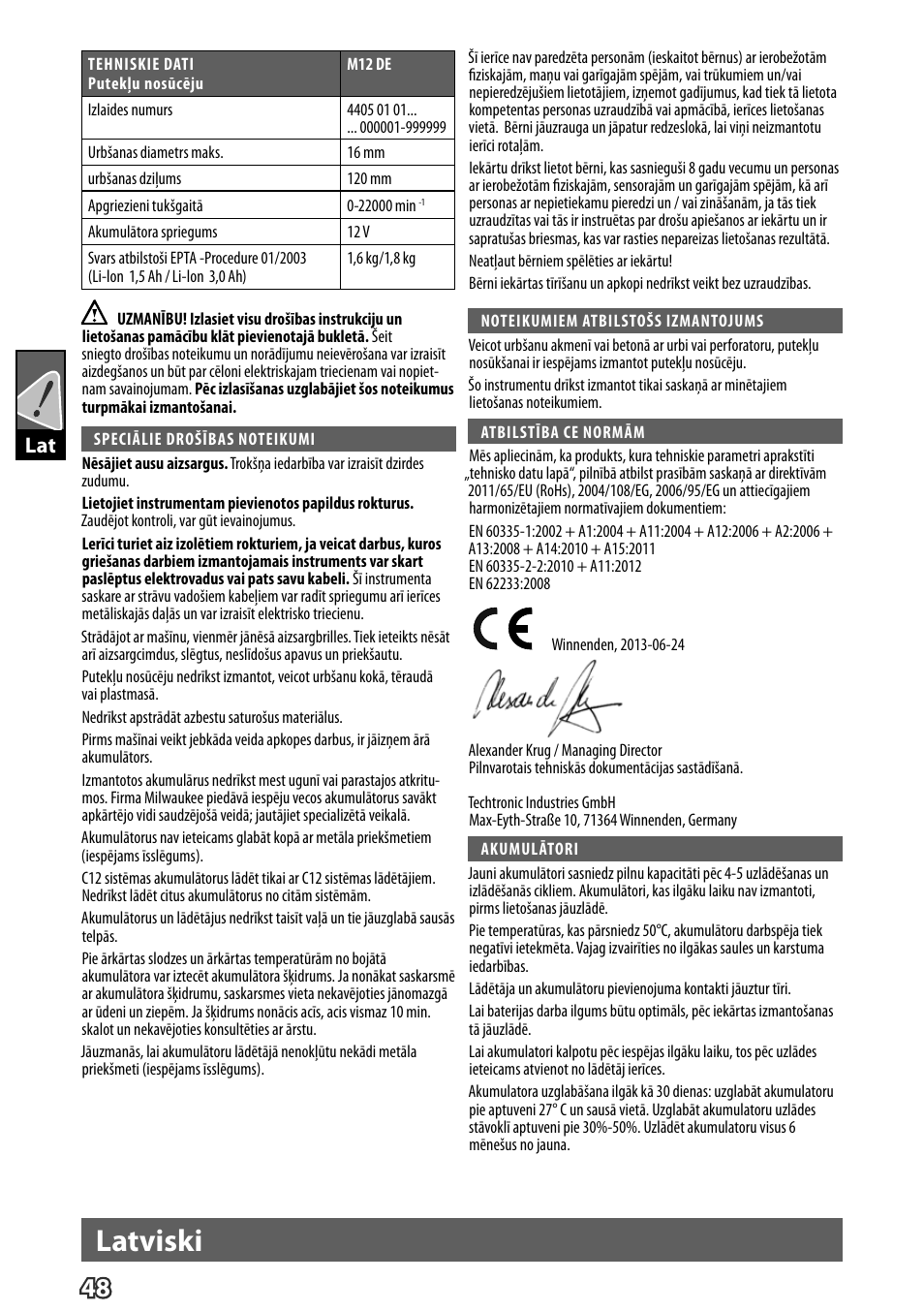 Latviski | Milwaukee M12 D E User Manual | Page 54 / 72