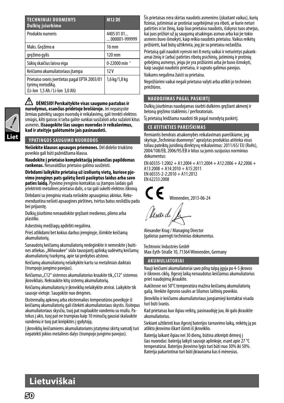 Lietuviškai, Liet | Milwaukee M12 D E User Manual | Page 56 / 72