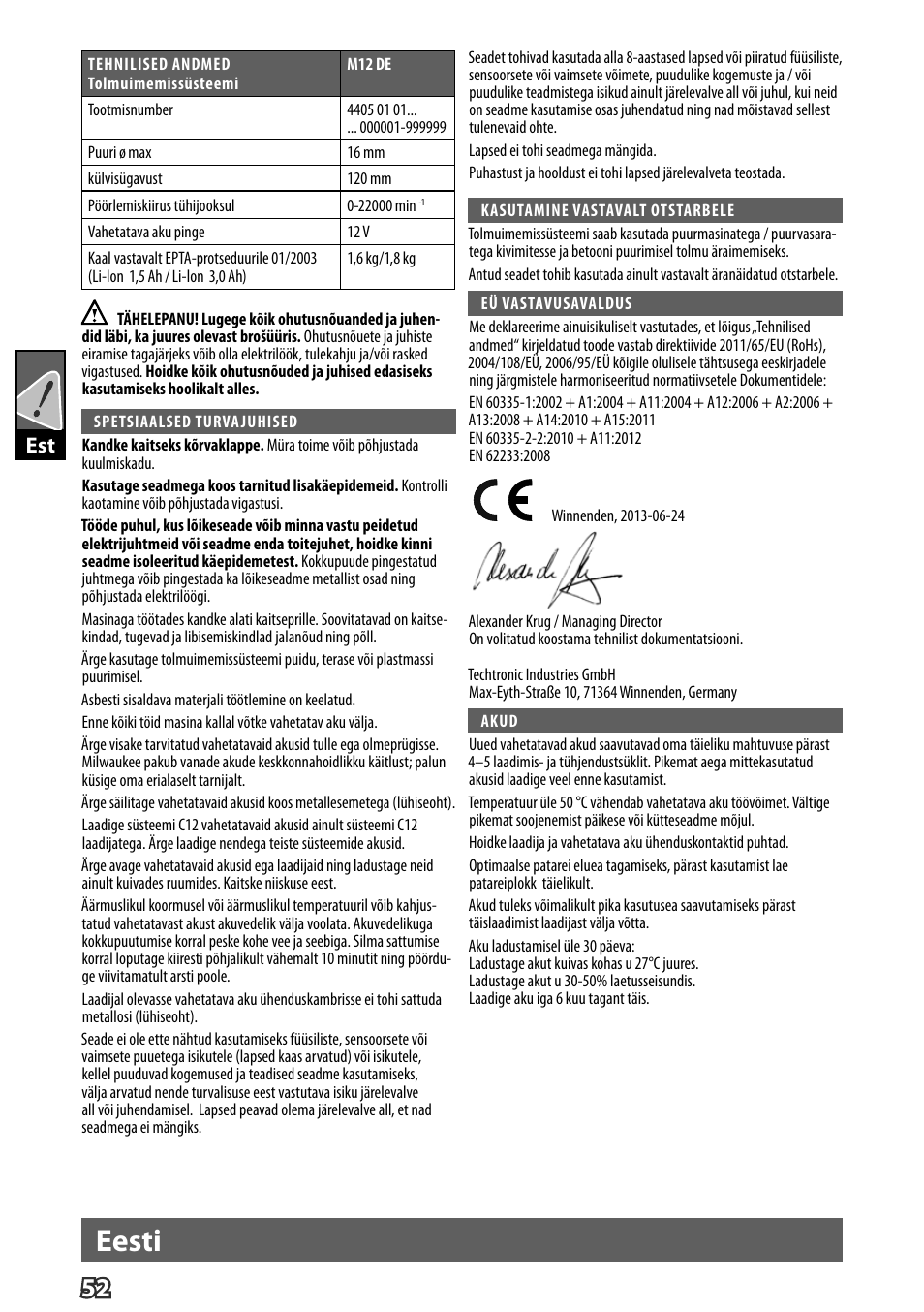 Eesti | Milwaukee M12 D E User Manual | Page 58 / 72