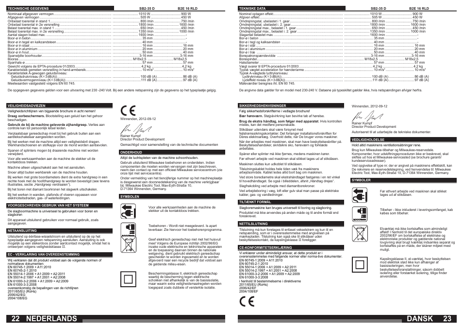 Nederlands, Dansk | Milwaukee SB2-35 D User Manual | Page 12 / 23