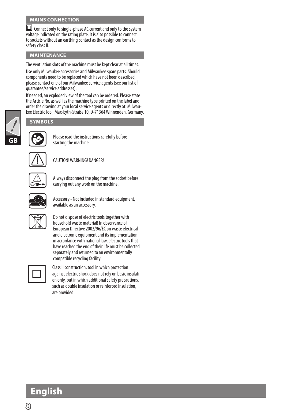 English | Milwaukee ROS 125 E User Manual | Page 10 / 62