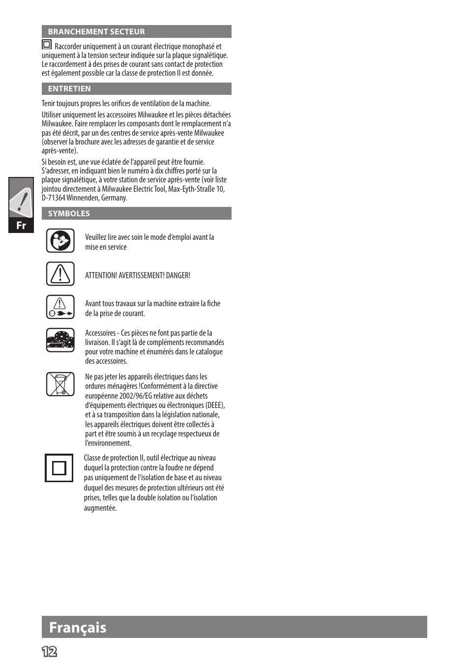 Français | Milwaukee ROS 125 E User Manual | Page 14 / 62