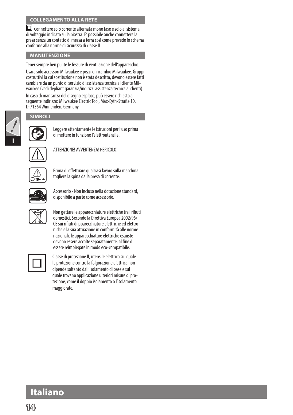 Italiano | Milwaukee ROS 125 E User Manual | Page 16 / 62