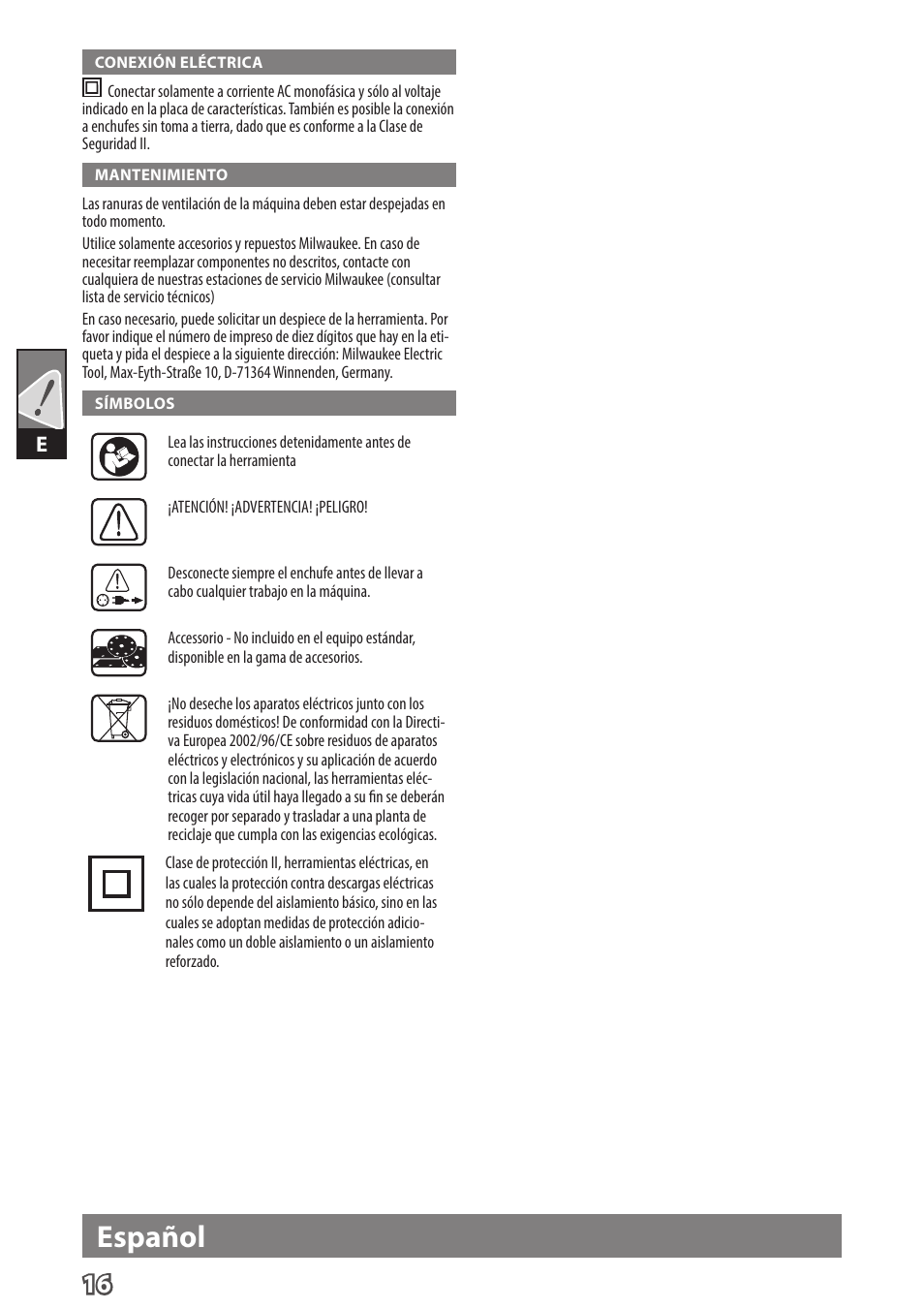 Español | Milwaukee ROS 125 E User Manual | Page 18 / 62