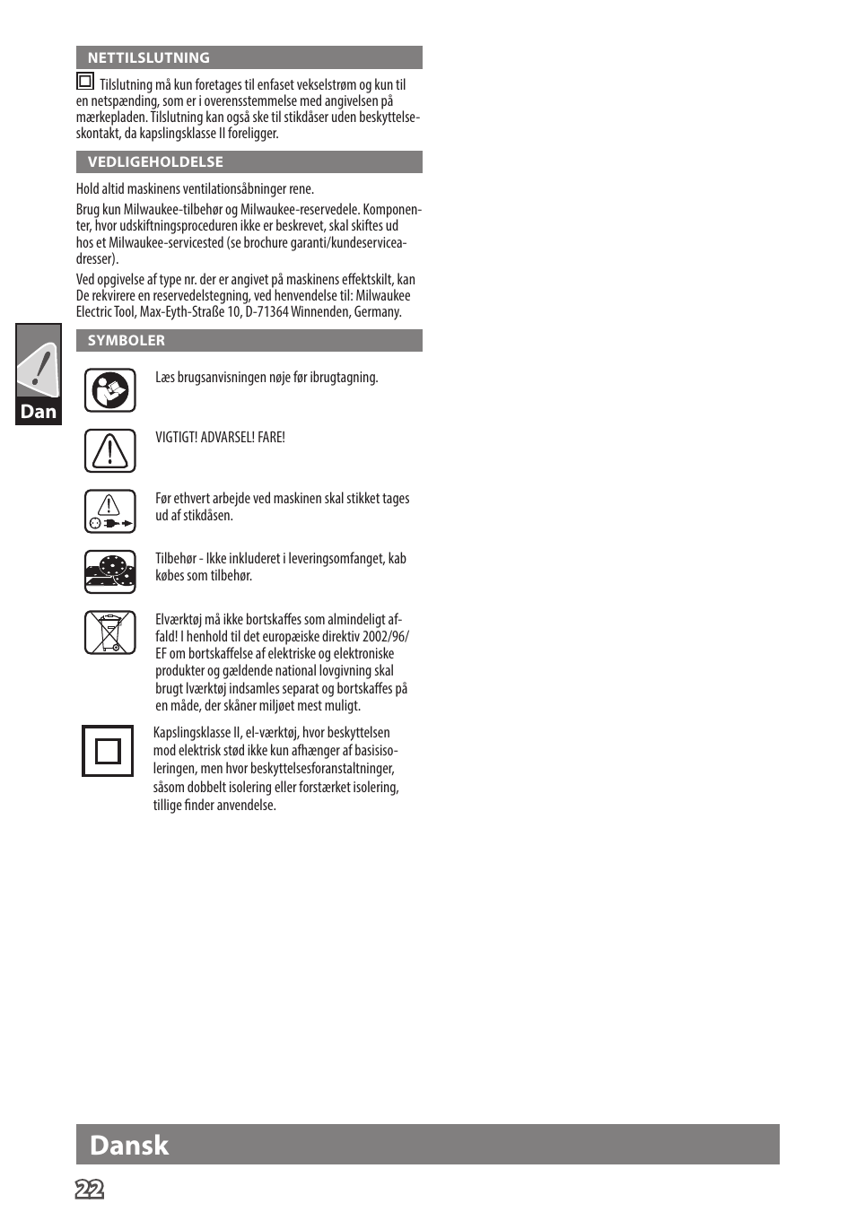 Dansk | Milwaukee ROS 125 E User Manual | Page 24 / 62