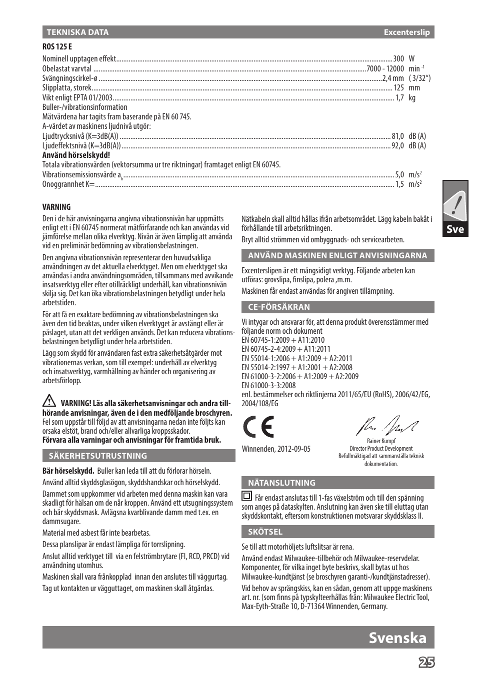 Svenska | Milwaukee ROS 125 E User Manual | Page 27 / 62