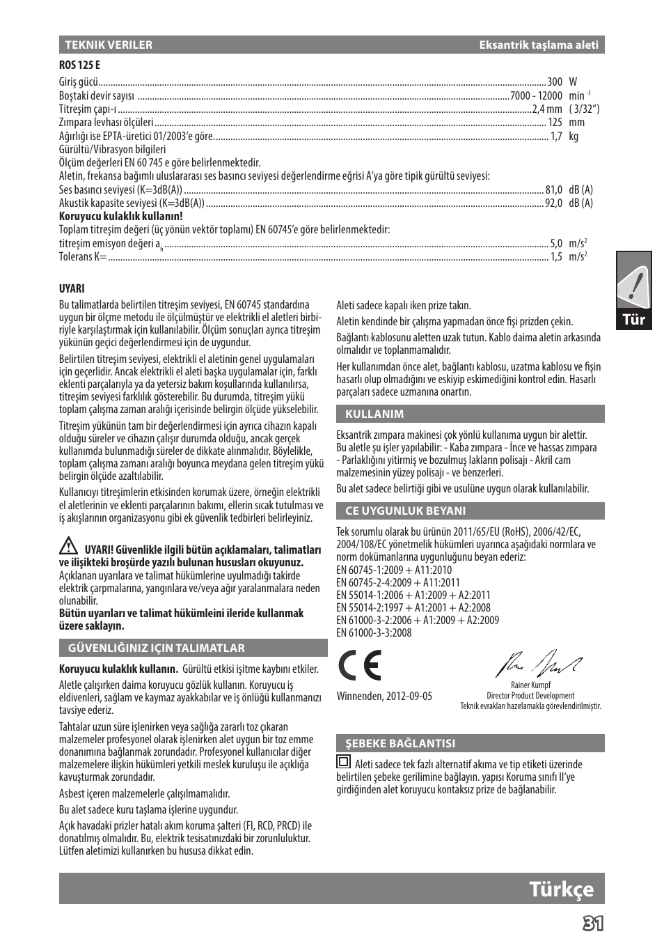 Türkçe | Milwaukee ROS 125 E User Manual | Page 33 / 62
