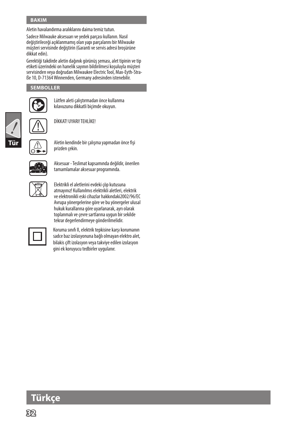 Türkçe | Milwaukee ROS 125 E User Manual | Page 34 / 62