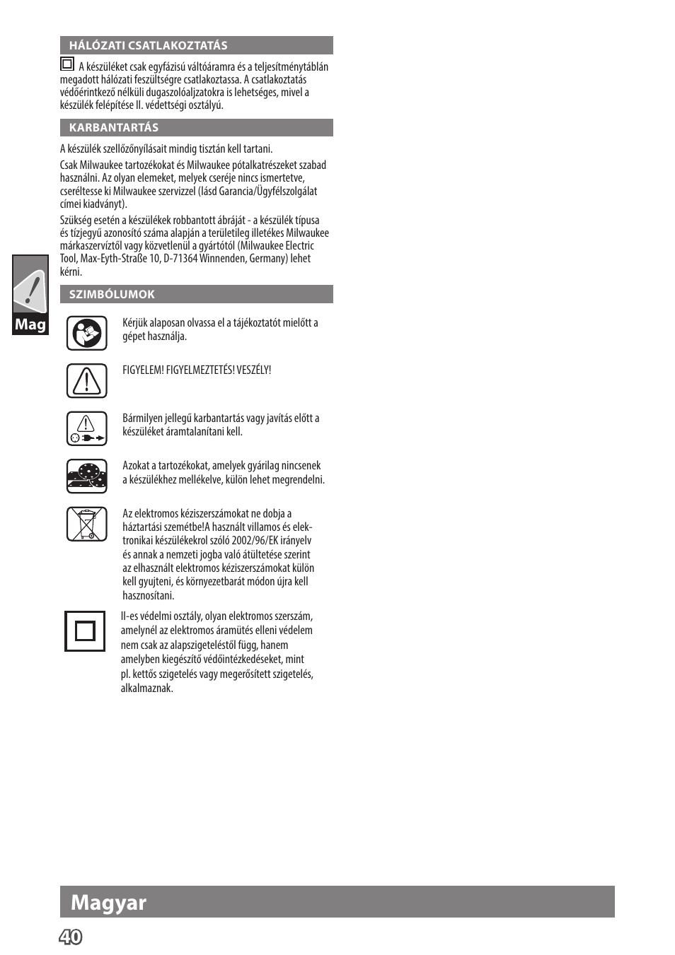 Magyar | Milwaukee ROS 125 E User Manual | Page 42 / 62