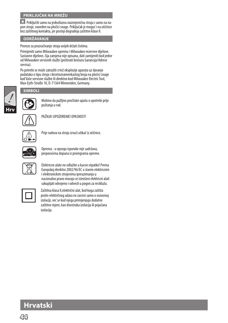 Hrvatski | Milwaukee ROS 125 E User Manual | Page 46 / 62