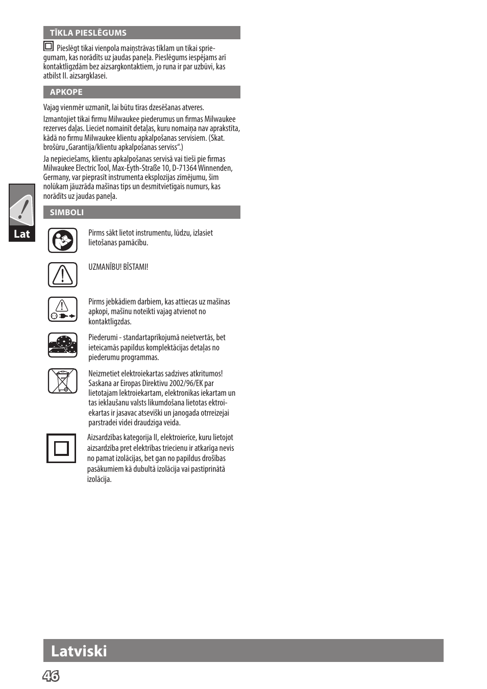 Latviski | Milwaukee ROS 125 E User Manual | Page 48 / 62