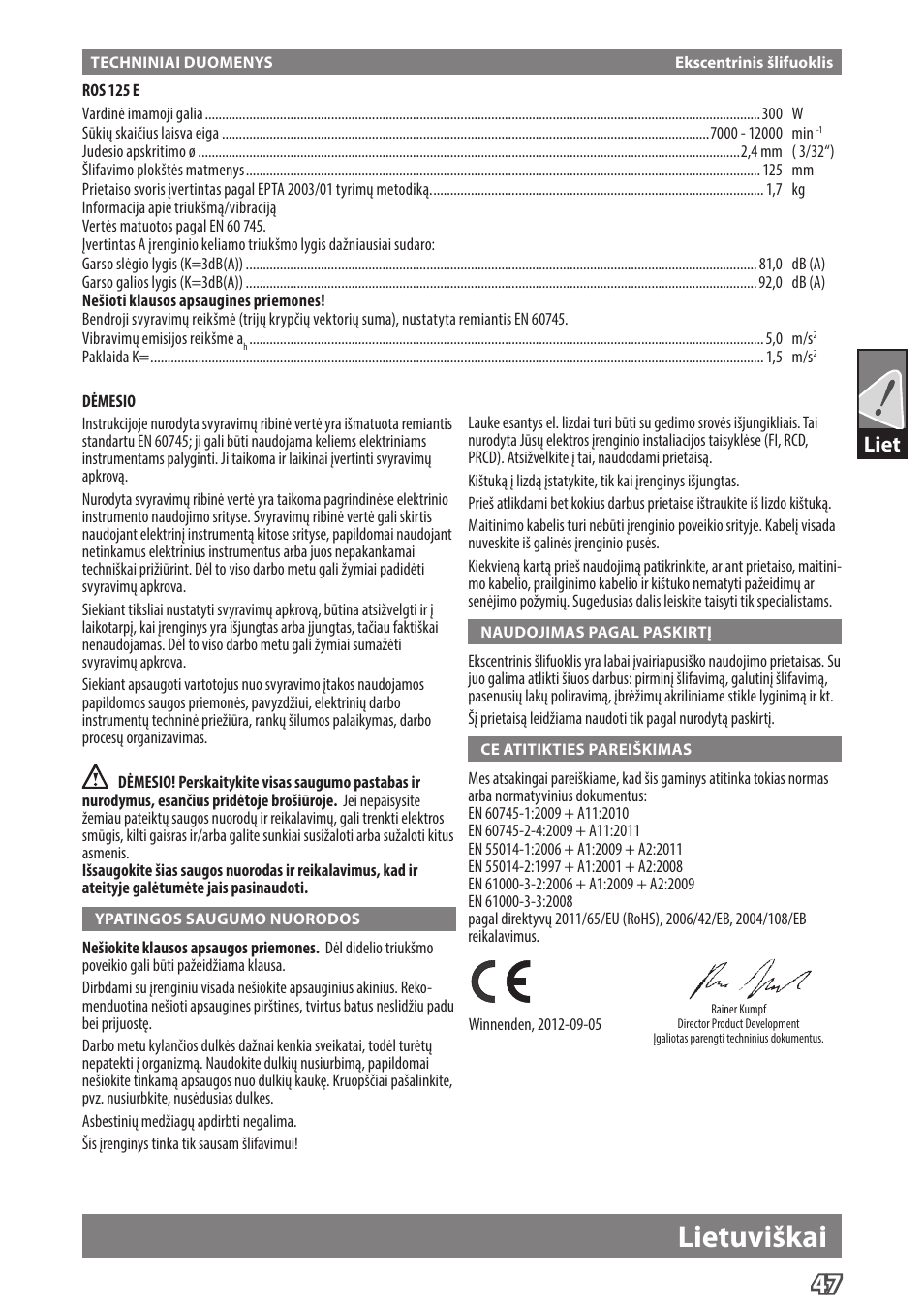 Lietuviškai, Liet | Milwaukee ROS 125 E User Manual | Page 49 / 62