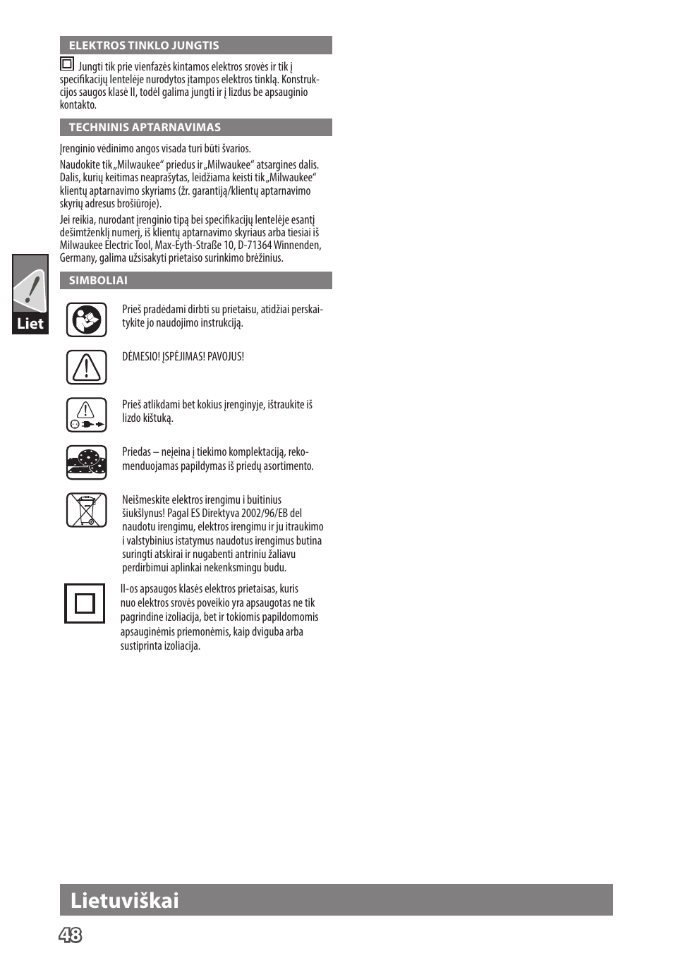 Lietuviškai | Milwaukee ROS 125 E User Manual | Page 50 / 62