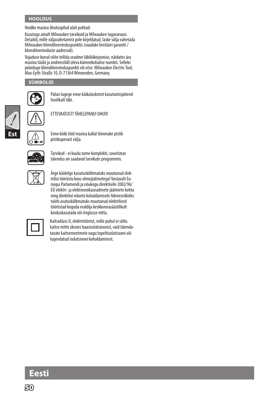 Eesti | Milwaukee ROS 125 E User Manual | Page 52 / 62