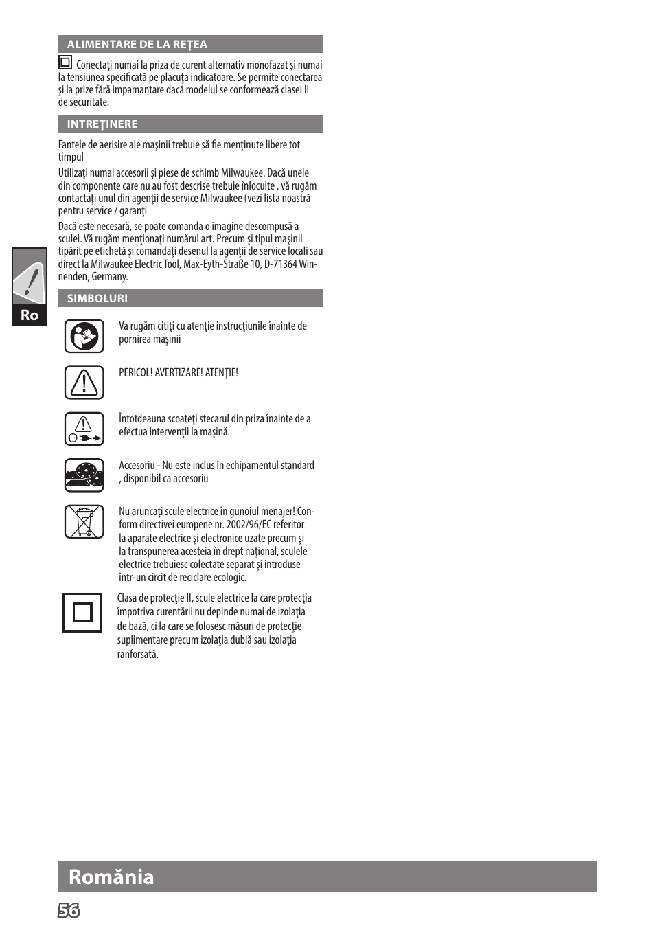 Romănia | Milwaukee ROS 125 E User Manual | Page 58 / 62