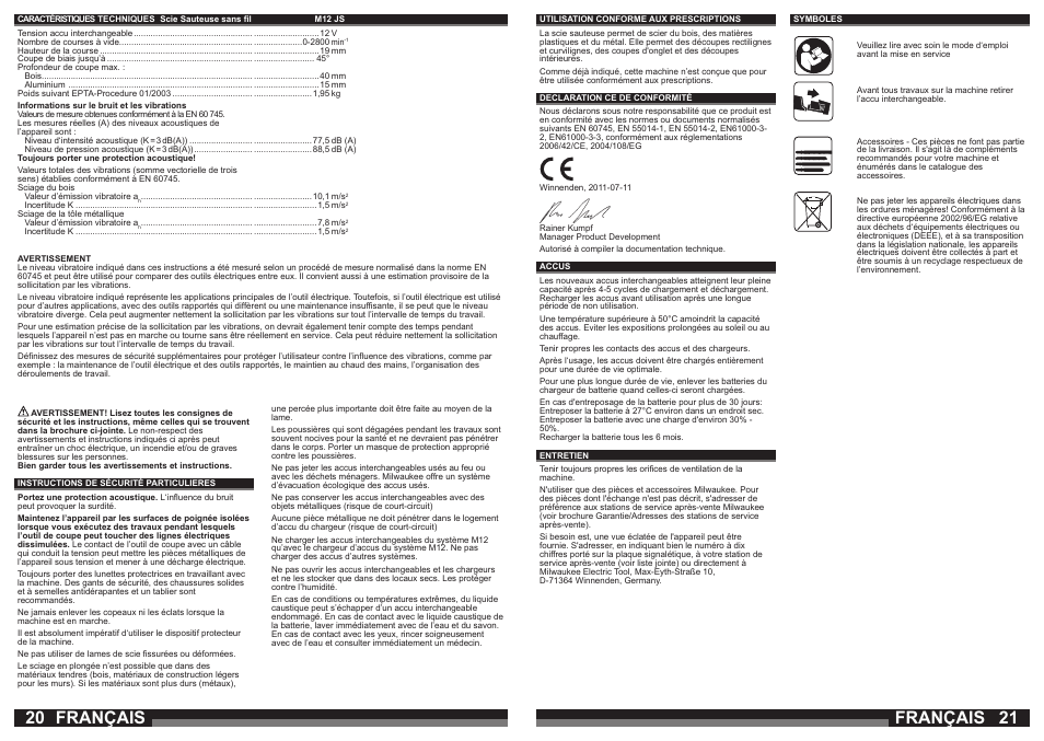 Français | Milwaukee M12 JS User Manual | Page 11 / 37