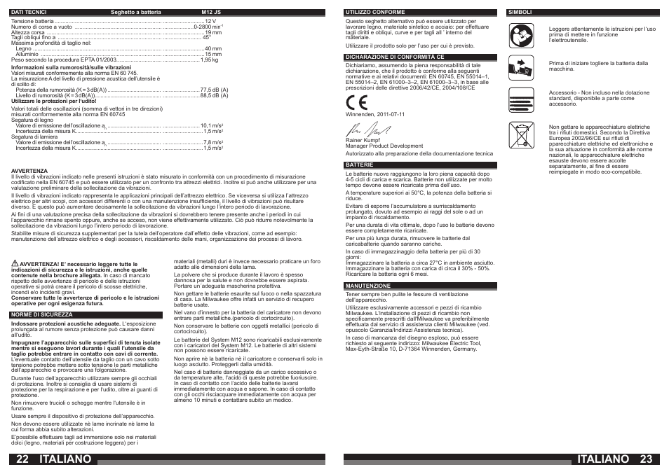 Italiano | Milwaukee M12 JS User Manual | Page 12 / 37