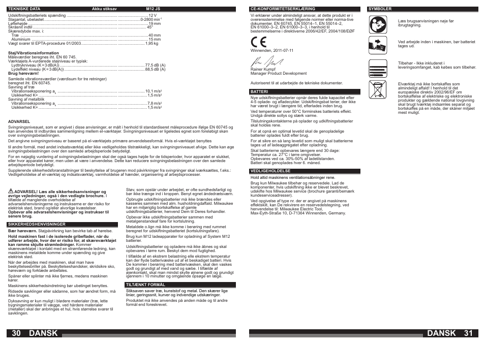 Dansk | Milwaukee M12 JS User Manual | Page 16 / 37