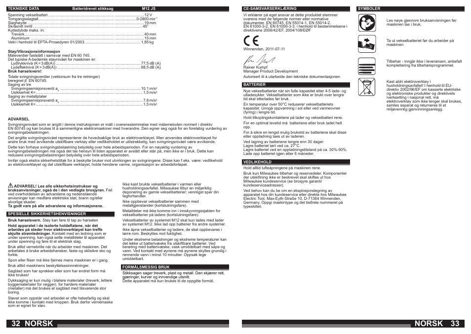 Norsk | Milwaukee M12 JS User Manual | Page 17 / 37