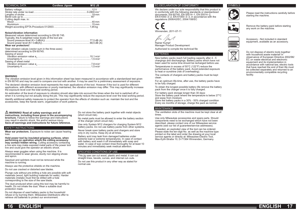 English | Milwaukee M12 JS User Manual | Page 9 / 37