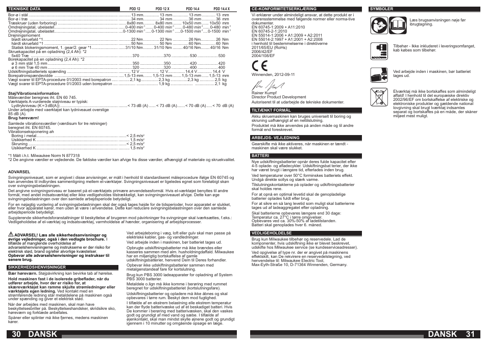 Dansk | Milwaukee PDD 14.4X User Manual | Page 16 / 37