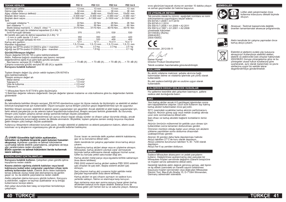 Türkçe | Milwaukee PDD 14.4X User Manual | Page 21 / 37