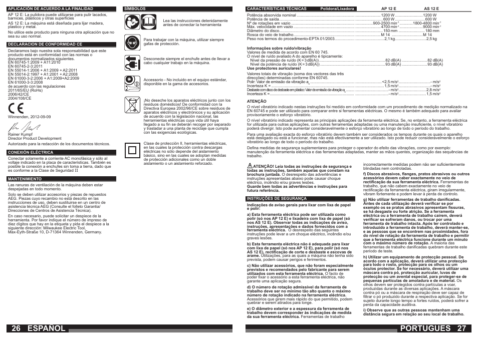 Portugues, Español | Milwaukee AP 12 E User Manual | Page 14 / 47