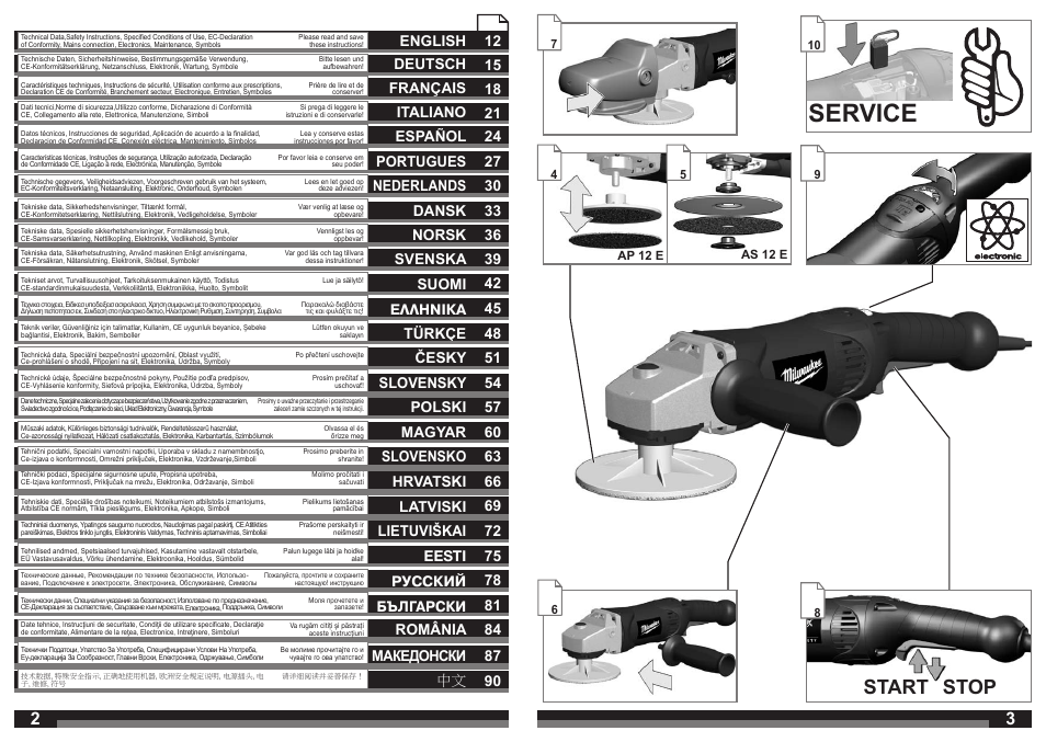 Service, Start stop, Slovensko 63 | 90 македонски | Milwaukee AP 12 E User Manual | Page 2 / 47