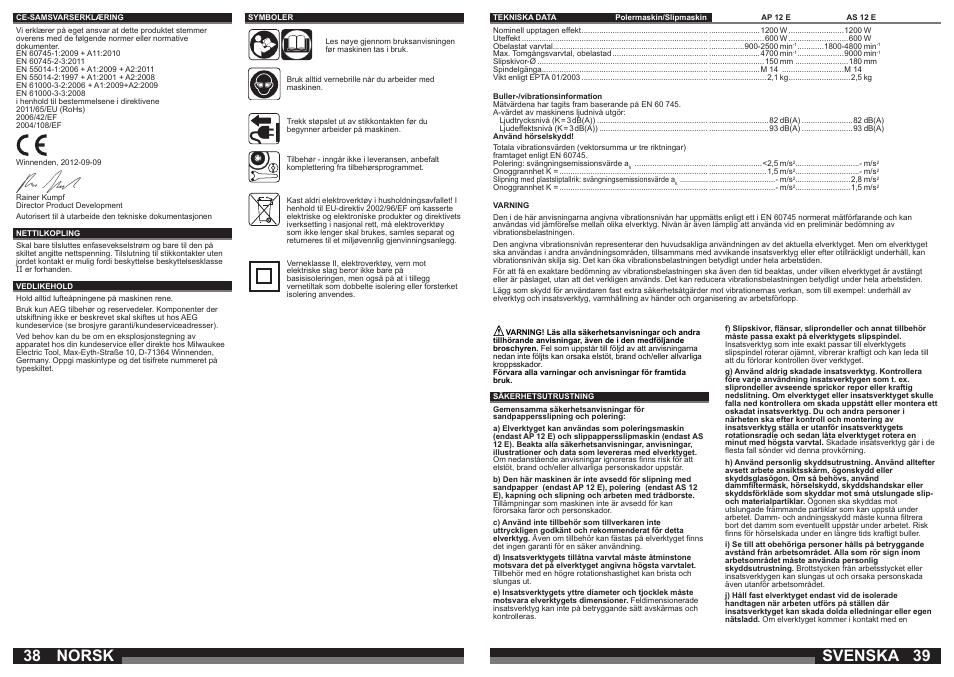 Svenska, Norsk | Milwaukee AP 12 E User Manual | Page 20 / 47