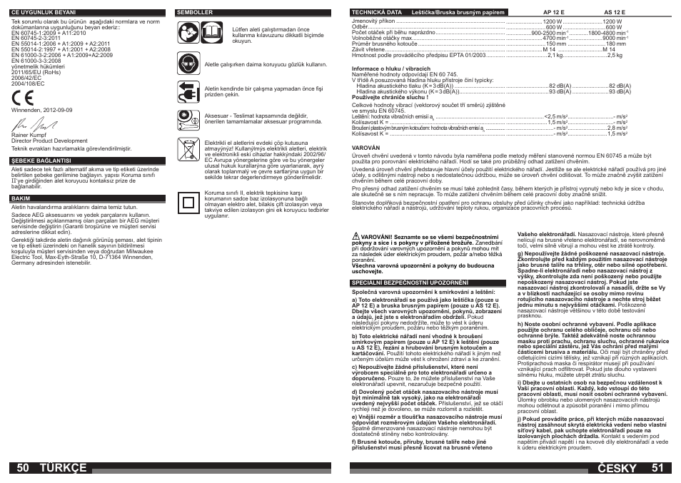 Česky, Türkçe | Milwaukee AP 12 E User Manual | Page 26 / 47