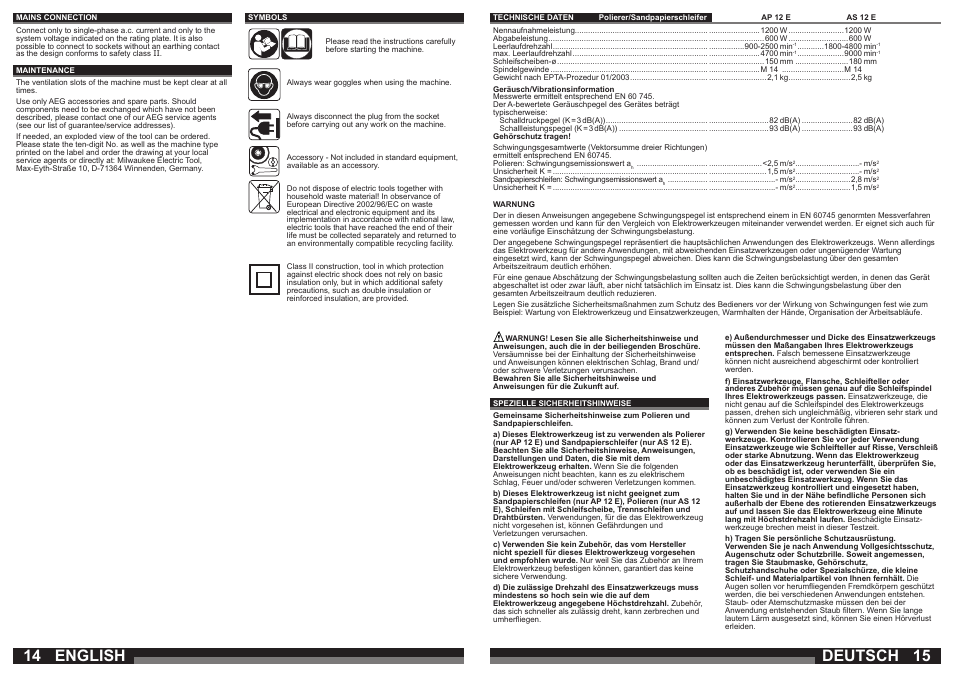 Deutsch, English | Milwaukee AP 12 E User Manual | Page 8 / 47