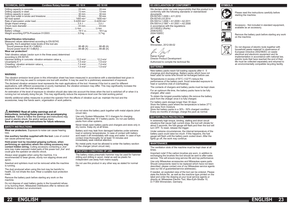English | Milwaukee HD18 H User Manual | Page 12 / 39