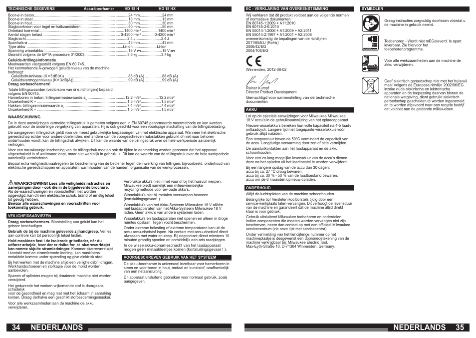 Nederlands | Milwaukee HD18 H User Manual | Page 18 / 39