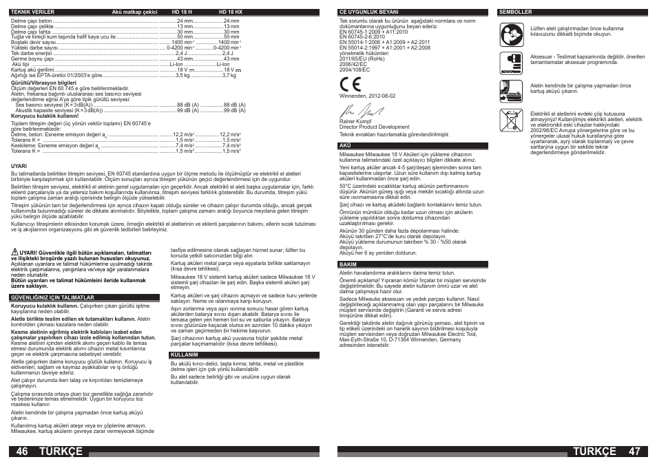 Türkçe | Milwaukee HD18 H User Manual | Page 24 / 39