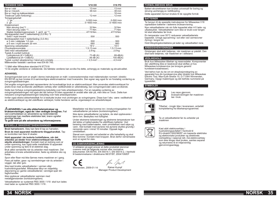 Norsk | Milwaukee V18 PD User Manual | Page 18 / 38