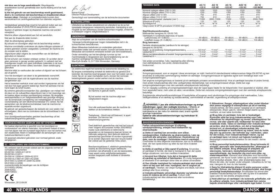 Nederlands, Dansk | Milwaukee AG 16-125 INOX User Manual | Page 21 / 33