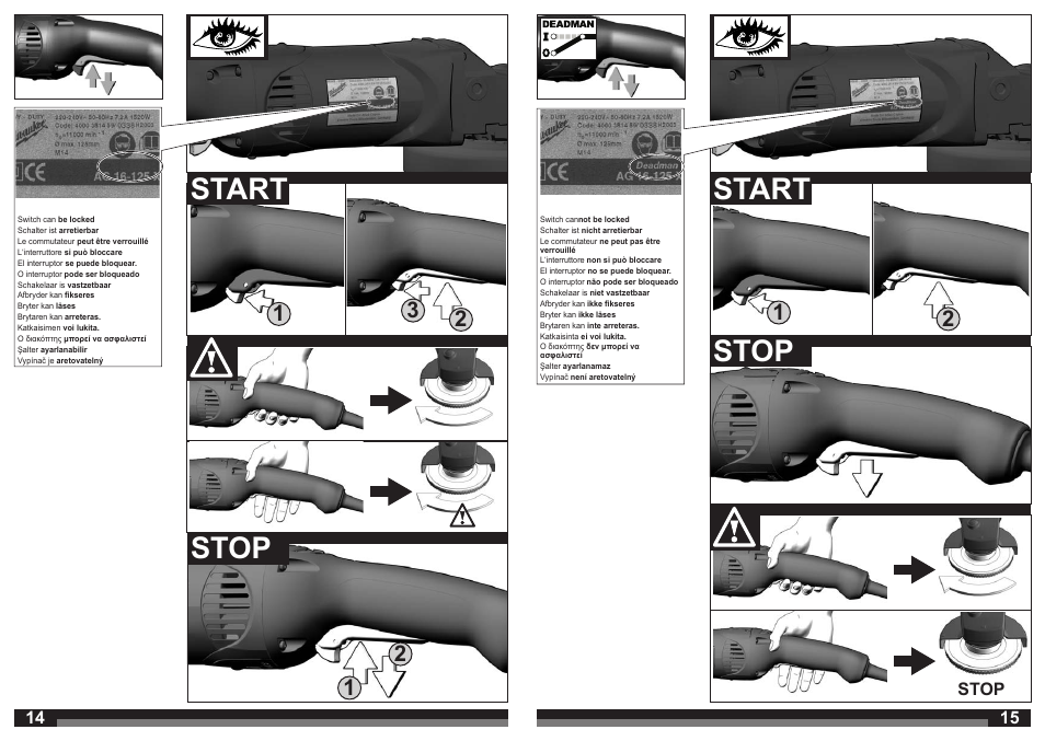 Stop start, Stop, Start | Milwaukee AG 16-125 INOX User Manual | Page 8 / 33