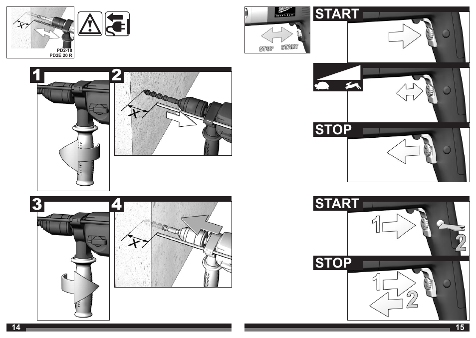 Start, Start stop stop | Milwaukee HD2E 13 R User Manual | Page 8 / 39