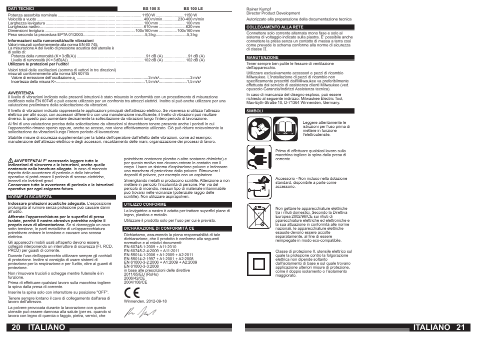 Italiano | Milwaukee BS 100 LE User Manual | Page 11 / 35