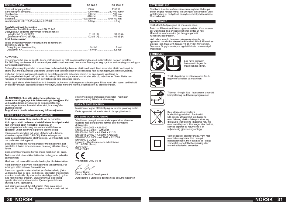 Norsk | Milwaukee BS 100 LE User Manual | Page 16 / 35