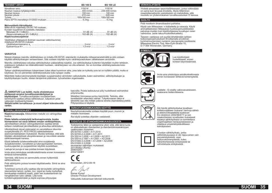 Suomi | Milwaukee BS 100 LE User Manual | Page 18 / 35