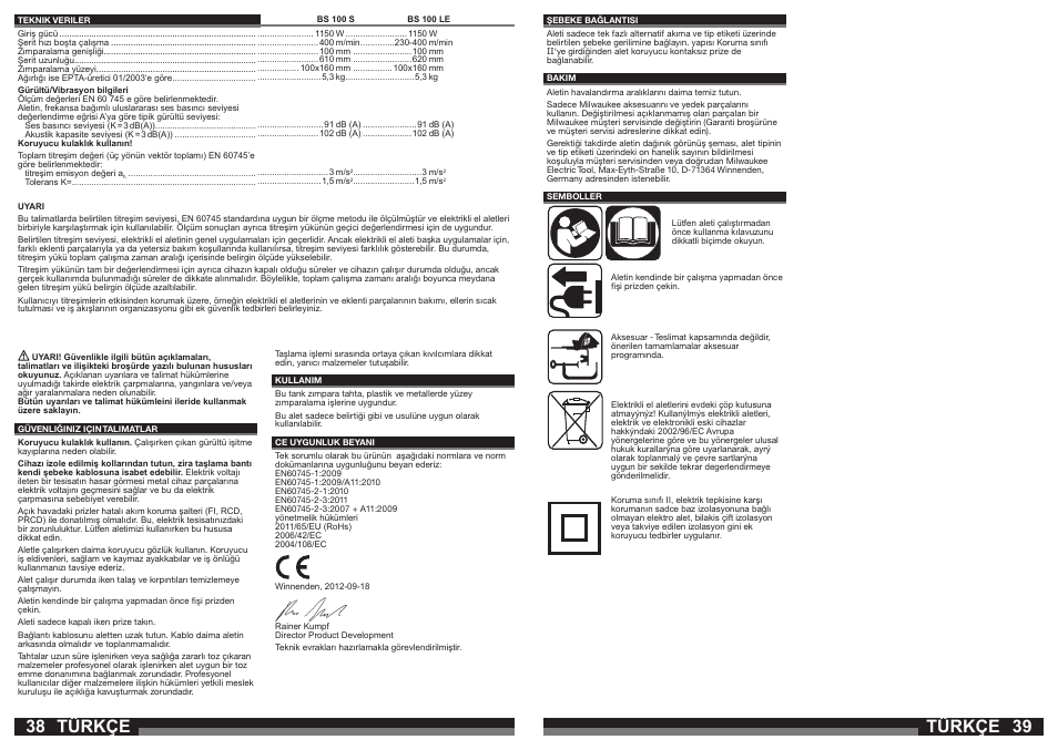 Türkçe | Milwaukee BS 100 LE User Manual | Page 20 / 35